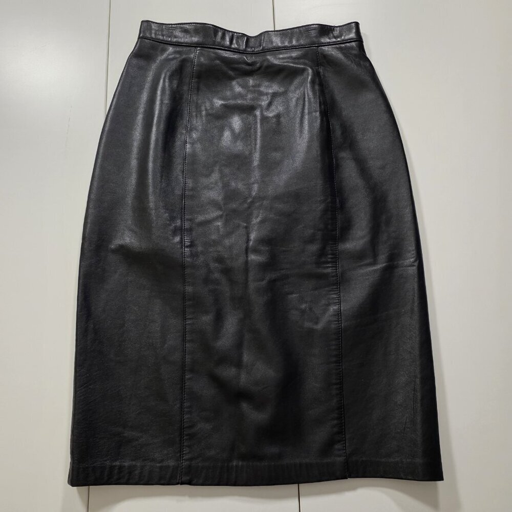 Liz Harbosin Black Leather Skirt 12 VTG Midi Lined Back Zip Slit Canada Bossy - Picture 10 of 16